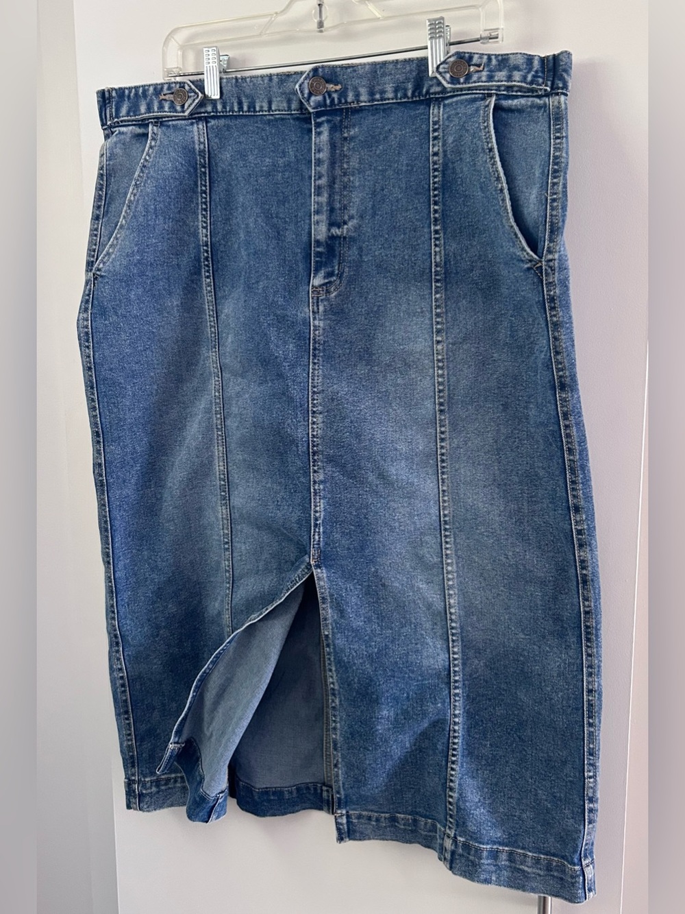 Chaps - Denim Panel Midi Skirt Medium Wash Blue - Size 18
